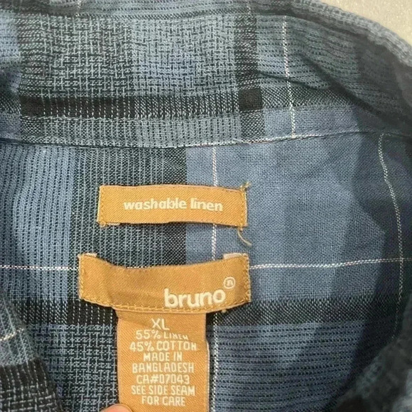 [XL] Bruno Washable Linen Mens Blue Plaid Linen Blend S/S Button Up  Shirt - Picture 2 of 6
